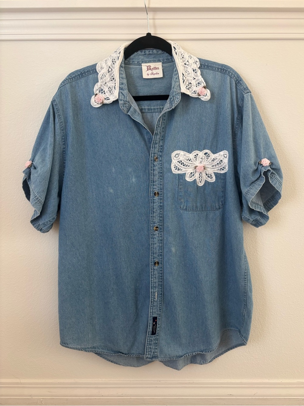 Vintage Cottagecore Denim Button-Up Shirt with Lace Embroidered Floral Details